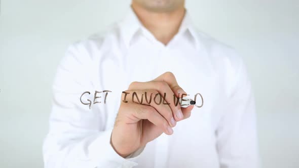 Get Involved Businessman Writing on Glass