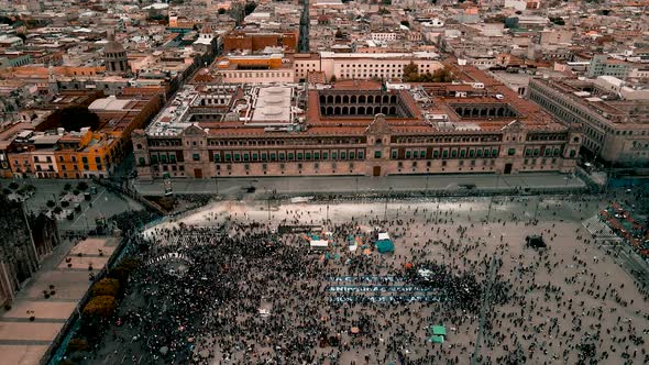 Dolly view of Zocalo in Mexico city at womans day march