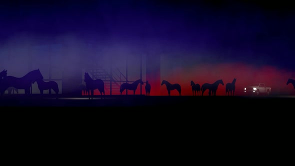 Pickup Truck and Horses on Colorful Foggy Background