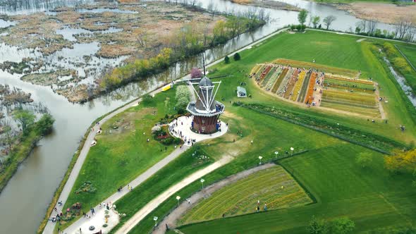 Aerial Flight Over the Windmill in the Town of Holland in Michigan