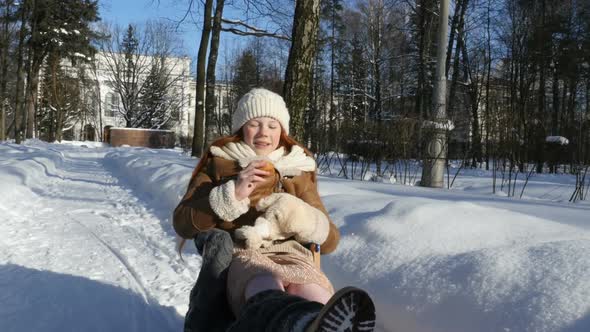  Child Teenage Sledding, Red-Haired Kid Walking at Sunny Winter Day