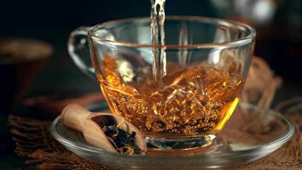 Super Slow Motion Shot of Pouring Tea at 1000 Fps with Still Life Background.