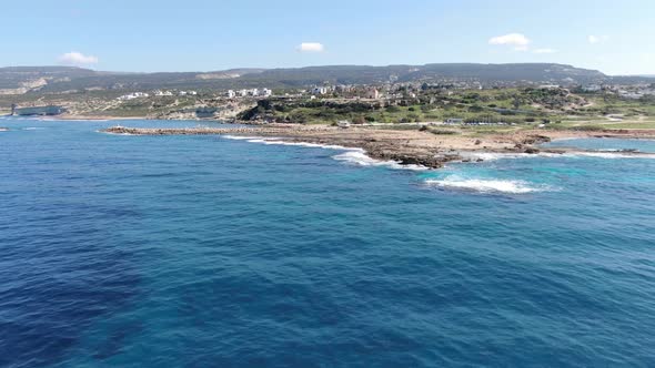 Wide Shot of Cyprus Tourist Resort on Mediterranean Sea Coast. Aerial View of Small Buildings