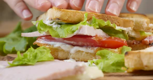 Big Appetizing Sandwich with Ham Ripe Tomato Slices and Pieces of Cheese Lettuce and Mayonnaise