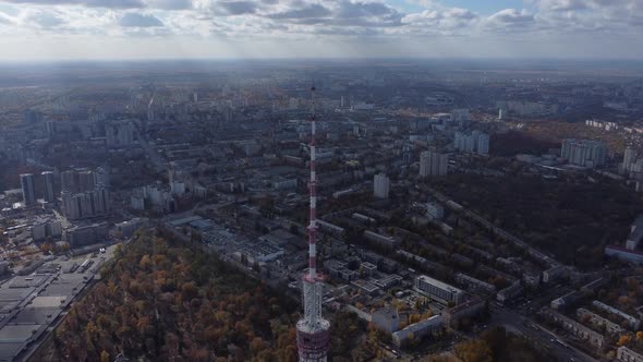 TV tower in Kyiv Ukraine, zoom out.