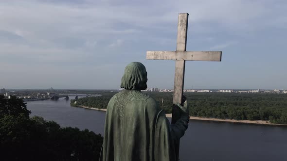 The Architecture of Kyiv. Ukraine: Monument To Volodymyr the Great. Aerial View, Slow Motion