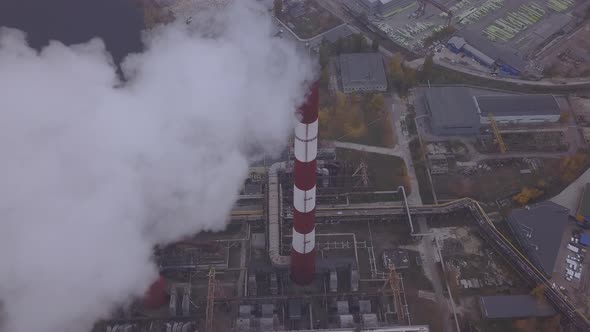 Smoke Comes From the Chimney. Aerial. Air Pollution. Ecology. Kyiv. Ukraine.