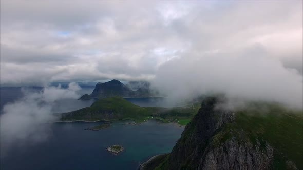 In the clouds over the Lofoten peaks, Norway