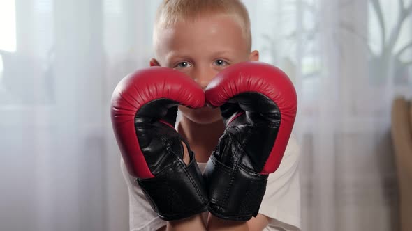 A Little Boy in Boxing Gloves Makes a Heart Shape with His Hands