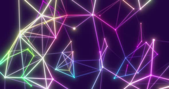 Plexus of Abstract Neon and Pink Geometrical Lines with Moving Triangles and Dots on a Black