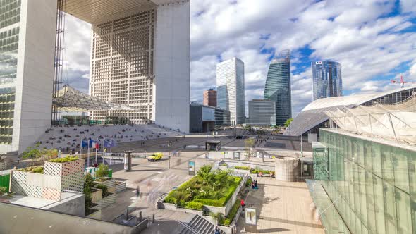 The Grande Arche and Skyscrapers Timelapse Hyperlapse in the Defence Business District of Paris alt