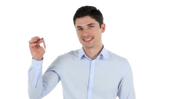 Businessman Showing Keys of House White Background