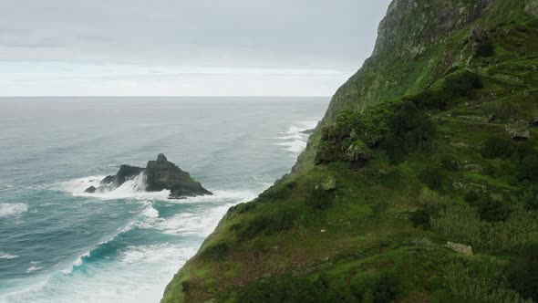 Drone Footage of High Rocky Cliffs in the Middle of the Atlantic