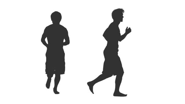 Male Silhouette in Shorts Jogging Barefoot, Alpha Channel