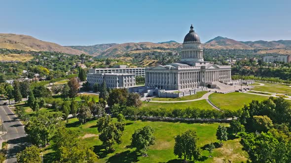 Aerial drone shot of Utah capitol building in Salt Lake City, UT