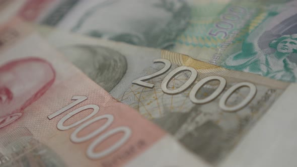 Shallow DOF  Serbian banknotes close-up 4K 2160p 30fps UltraHD panning  footage - Slow pan on differ