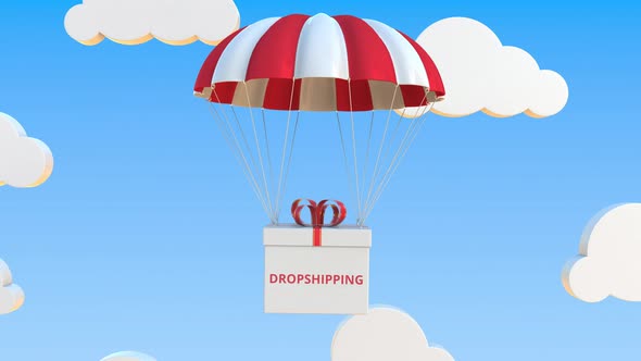 Box with DROPSHIPPING Text Falls with a Parachute