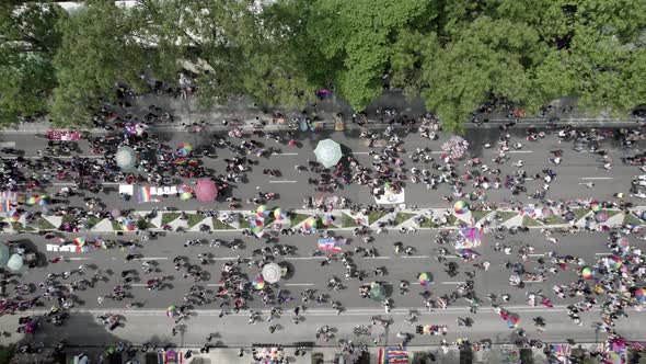 aerial drone shot over paseo de la reforma in the pride parade in mexico city