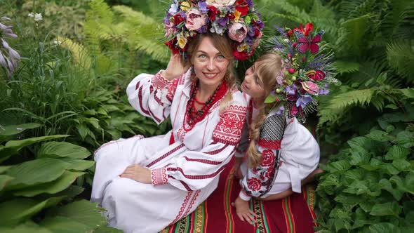 High Angle View Portrait of Happy Ukrainian Mother and Daughter in Dresses with National Embroidery