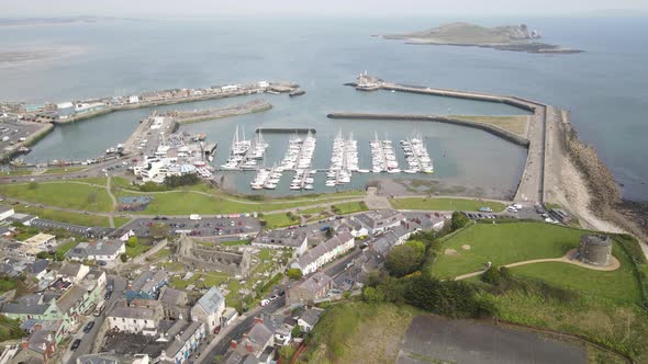 Aerial View Of Howth Village Near Howth Pier With Boats And Ireland's Eye At Daytime In Dublin, Irel