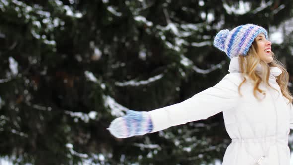 Happy Young Woman in Winter Forest 6