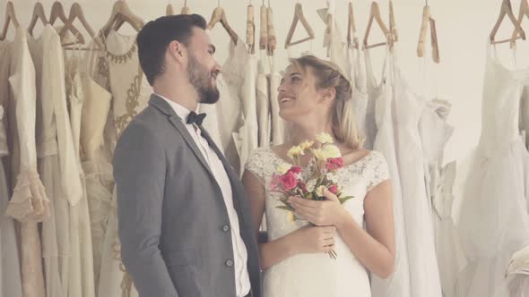 Happy Bride and Groom in Wedding Dress Prepare for Married in Wedding Ceremony