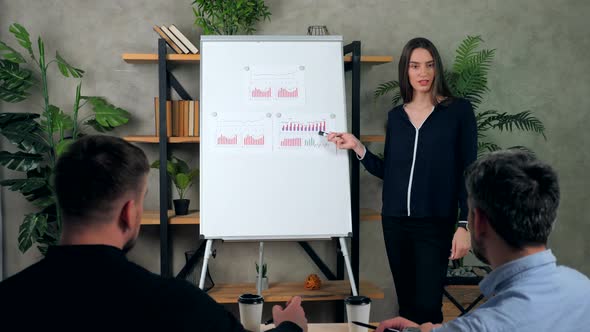 Top manager presenting financial report shows marker on diagrams on flip chart