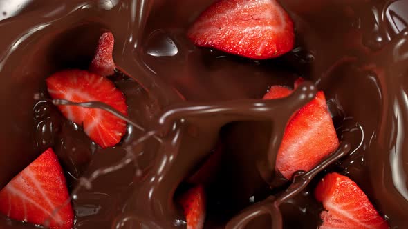 Super Slow Motion Shot of Fresh Cutted Strawberries Falling Into Melted Chocolate at 1000 Fps
