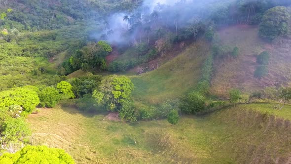 Aerial view of a group of people, walking towards raging bushfires, in the tropical forests of Austr