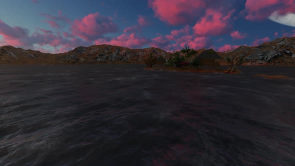 Panorama of the mountains and red clouds at night