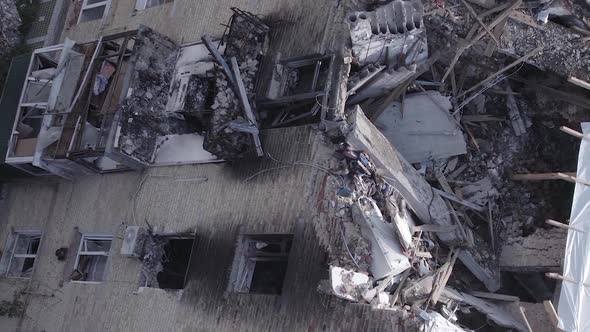 Vertical Video of a Building Bombed During the War in Makariv Ukraine