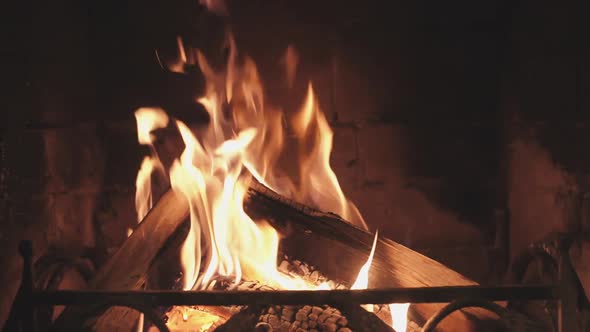 Burning Wood in Fireplace at Home