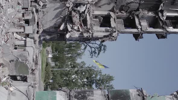 Vertical Video of a Residential Building Destroyed During the War in Ukraine