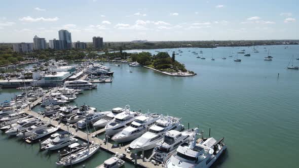 aerial looking out into the scenic Sarasota Bay, Florida from downtown