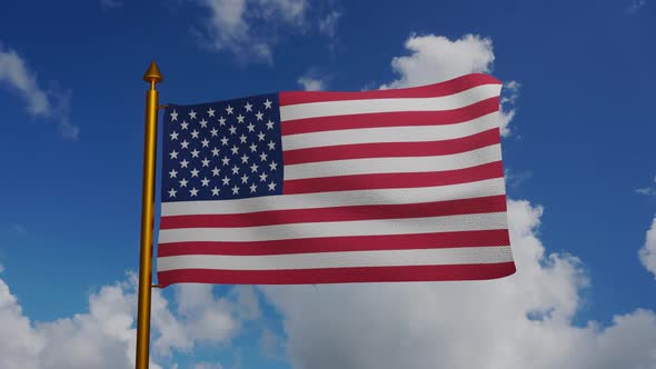 National flag of United States of America with flagpole and blue sky timelapse