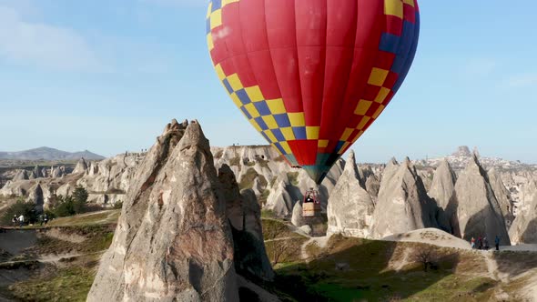 Colourful Red Blue Yellow Colours Hot Air Baloons Aerial Drone Flight. The Great Tourist Attraction