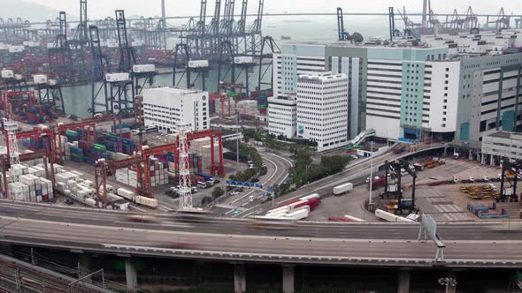 Timelapse Large Harbour with Container Terminal in Hong Kong