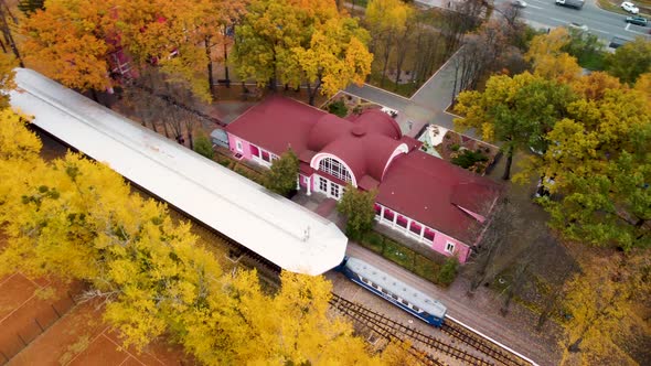 Aerial railway station in yellow autumn forest