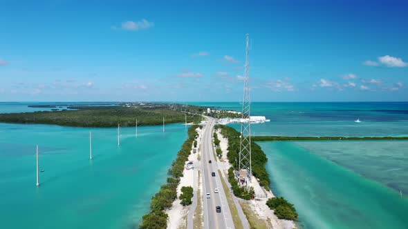 Cars Driving Through Overseas Highway Spanning The Florida Keys In USA. - aerial