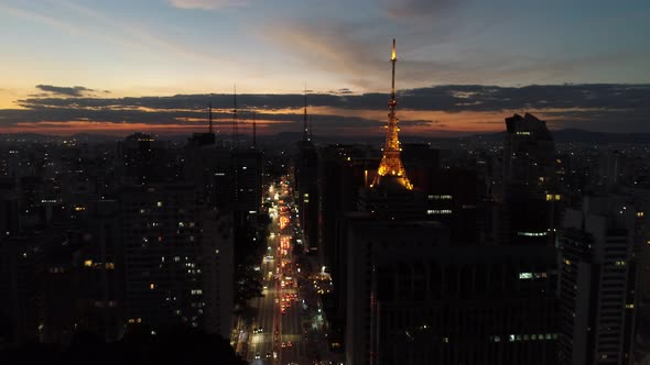 Sunset downtown Sao Paulo Brazil. Downtown district at sunset scenery.