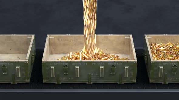 Animation of the opened wooden military boxes. Ammo is falling into the crates.