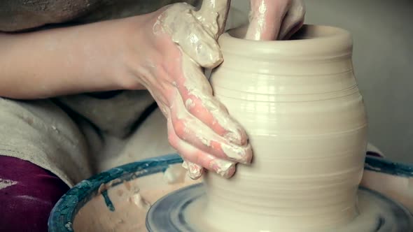 Woman Girl Creates Hands Forms Shape Jug White Clay Closeup Macro