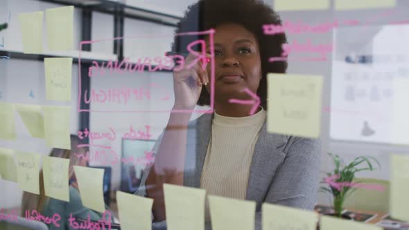 African american businesswoman brainstorming reading notes on glass wall in office and smiling