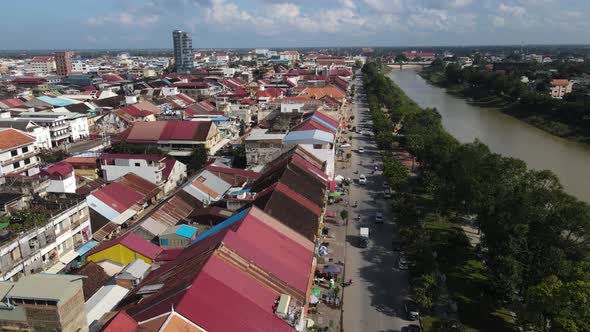 Aerial view of Battambang French district along the river, Cambodia.