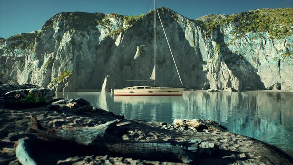 White Yacht Anchored in a Bay with Rocky Cliffs