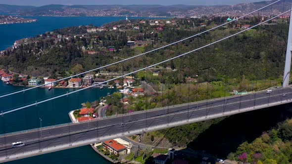 Aerial View of FSM ( Fatih Sultan Mehmet ) Bridge, Bosphorus and buildings 