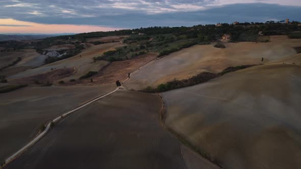 Val D'orcia Valley at Sunset Aerial View in Tuscany