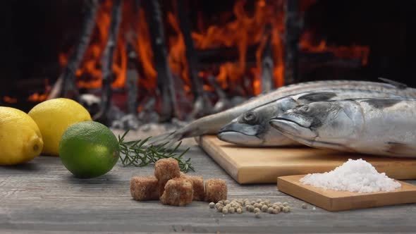 Ingredients for Preparing Mackerel Fish on the Grill on the Background of Fire