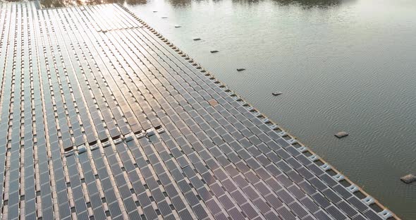 Panorama Aerial View of Floating Farm Solar Panels Cell Park Platform System on the Lake