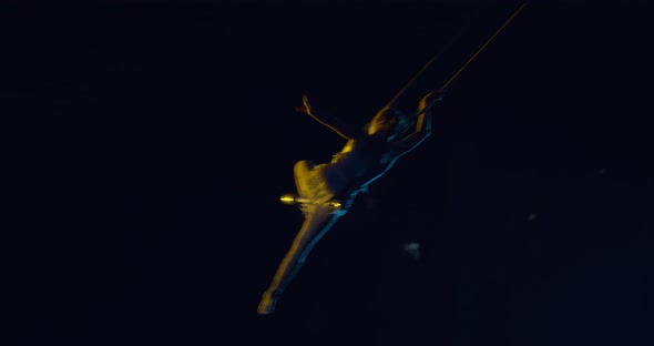 Young Woman Is Swinging on a Trapeze During the Circus Show